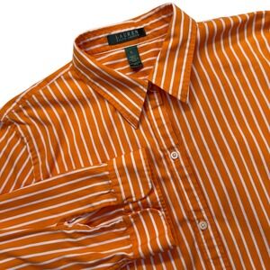 Lauren Ralph Lauren Button Up Womens XL Striped Preppy Cotton Orange White